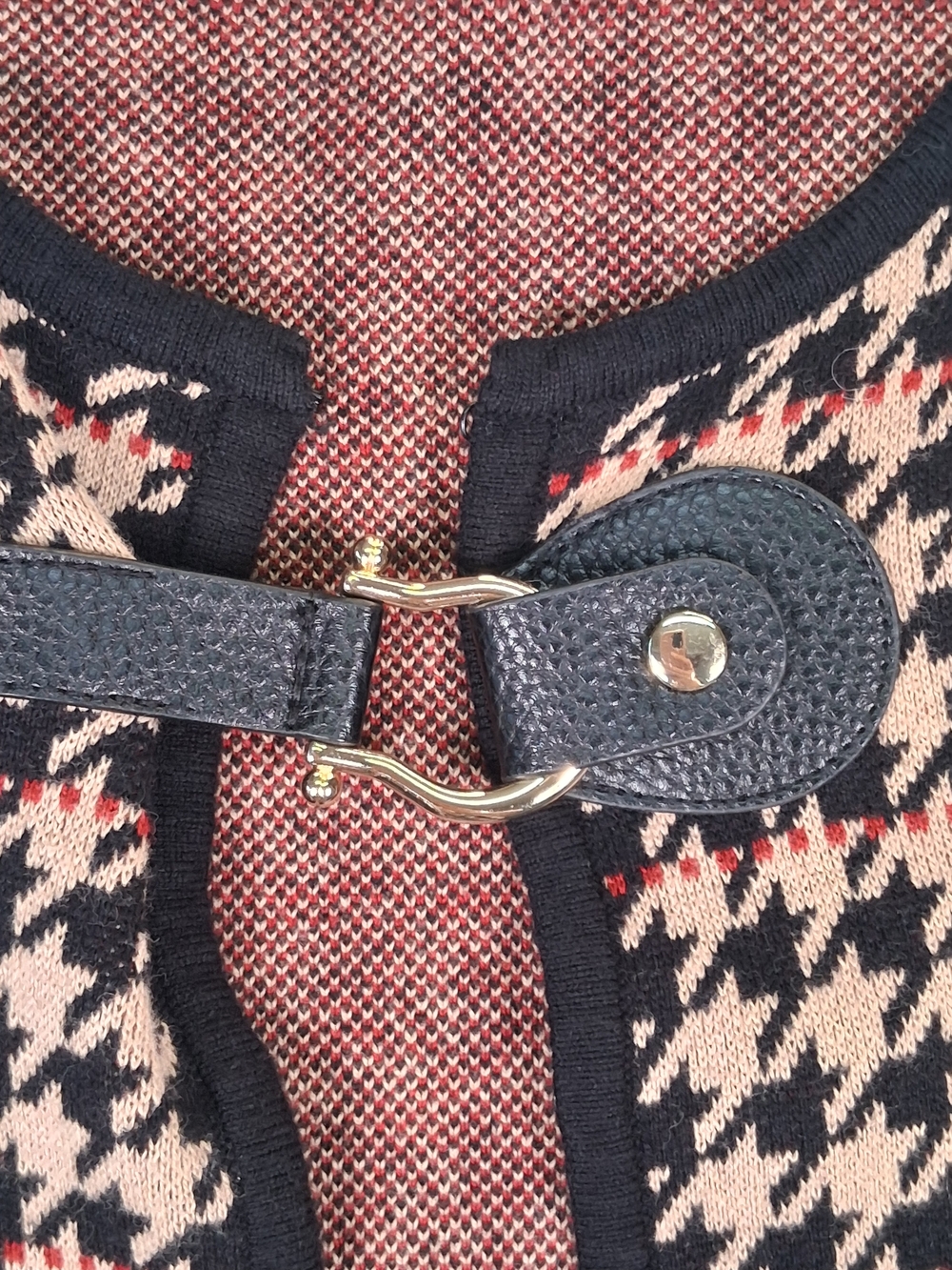 Anne Klein 1X Houndstooth Open Front Cardigan Sweater Red Black Tan Classic - Picture 3 of 11
